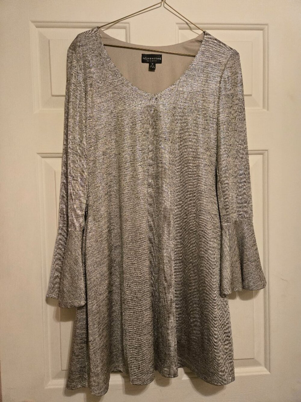 Silver, lined bell sleeve party dress, 4p, Connected Apparel